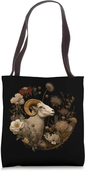 Majestic Ram Surrounded By Floral Elements Tote Bag
