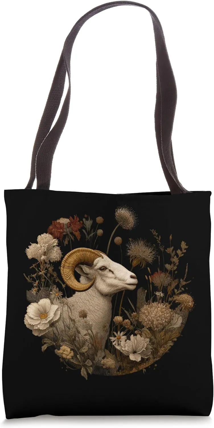 Majestic Ram Surrounded By Floral Elements Tote Bag