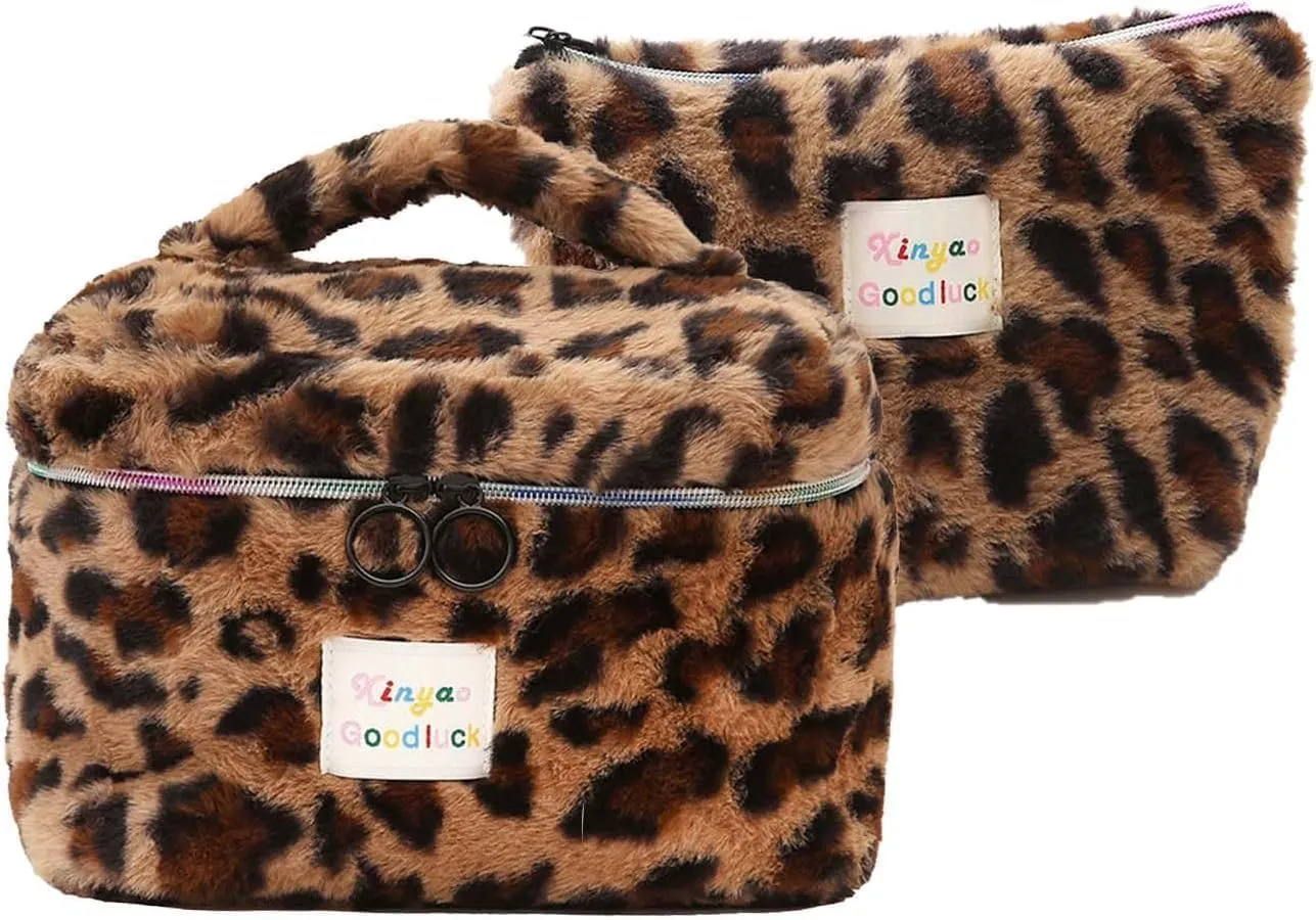 Makeup Bag Set Large Travel Quilted Makeup Bag for Women, Leopard print Faux rabbit fur Cotton Cosmetic Bag for Women, Travel Toiletry Organizer Bag (Coffee leopard)