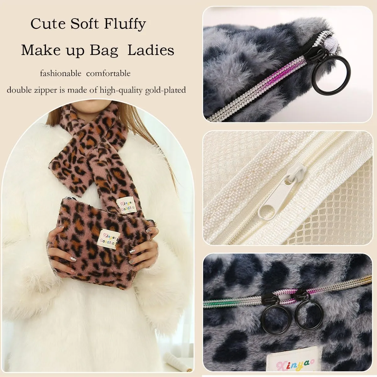 Makeup Bag Set Large Travel Quilted Makeup Bag for Women, Leopard print Faux rabbit fur Cotton Cosmetic Bag for Women, Travel Toiletry Organizer Bag (Coffee leopard)