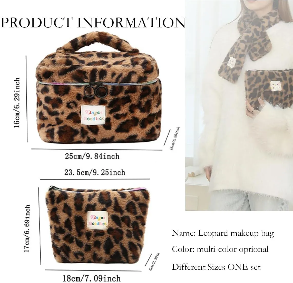 Makeup Bag Set Large Travel Quilted Makeup Bag for Women, Leopard print Faux rabbit fur Cotton Cosmetic Bag for Women, Travel Toiletry Organizer Bag (Coffee leopard)
