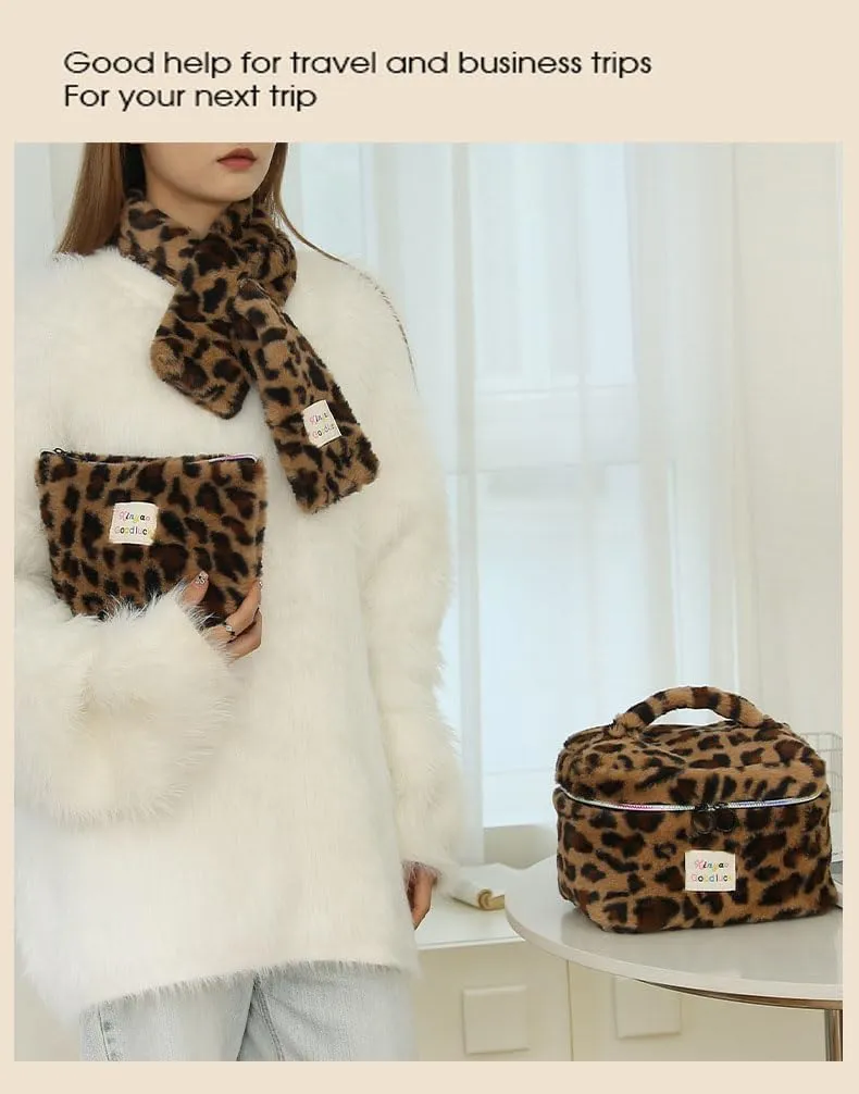 Makeup Bag Set Large Travel Quilted Makeup Bag for Women, Leopard print Faux rabbit fur Cotton Cosmetic Bag for Women, Travel Toiletry Organizer Bag (Coffee leopard)