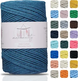 Makromecity, Cotton Macrame Cord 2mm x 195 Yards (590 feet) 2mm Recycled Cotton Crochet Yarn for Macrame Art & Crafts for Wall Hangings, Bags, Underplate, Rug (25 Colors Available) (Denim Blue)