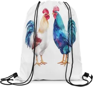 Manfei Watercolor Rooster Drawstring Backpack Rustic Animal Chicken String Bag Shoulder Bags Cute Farm Livestock Drawstring Bags for Picnic Gym Sport Travel