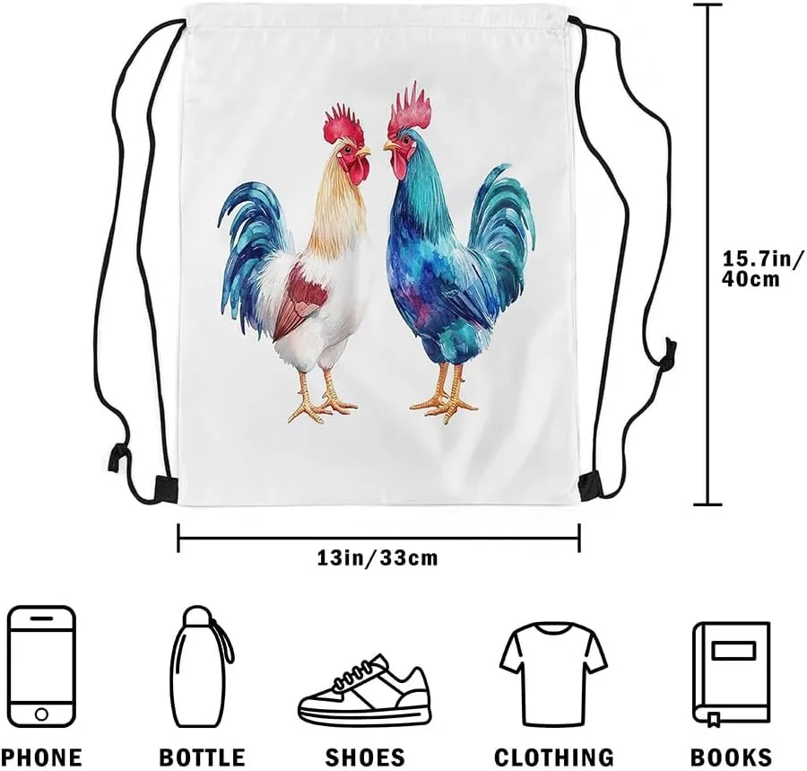 Manfei Watercolor Rooster Drawstring Backpack Rustic Animal Chicken String Bag Shoulder Bags Cute Farm Livestock Drawstring Bags for Picnic Gym Sport Travel