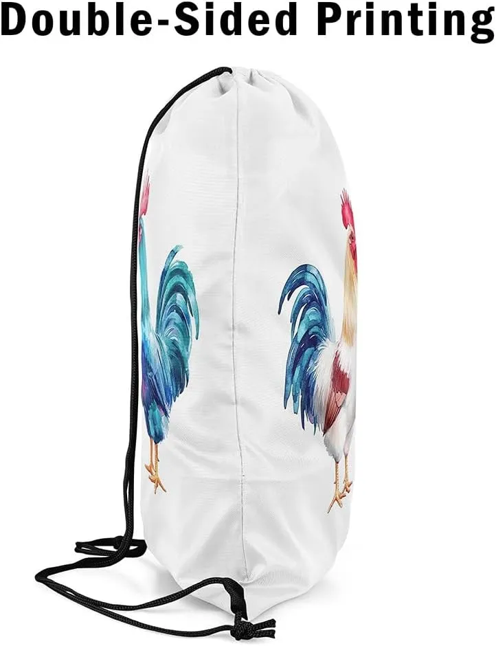 Manfei Watercolor Rooster Drawstring Backpack Rustic Animal Chicken String Bag Shoulder Bags Cute Farm Livestock Drawstring Bags for Picnic Gym Sport Travel