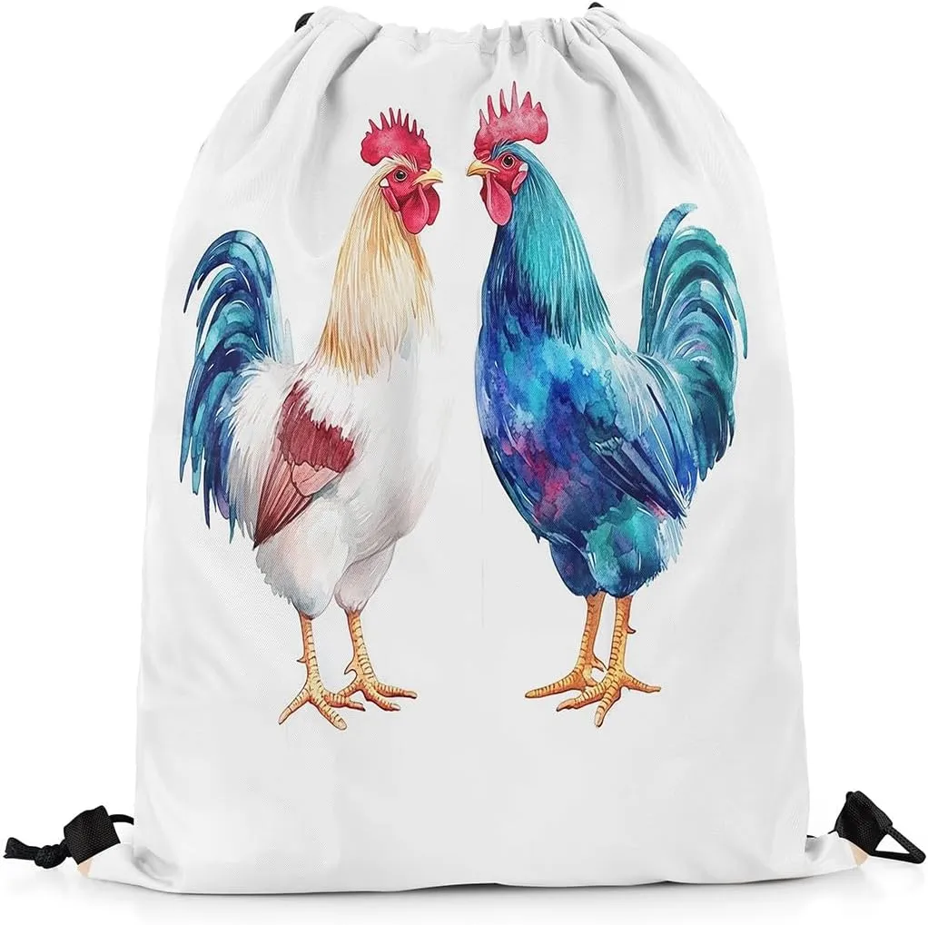 Manfei Watercolor Rooster Drawstring Backpack Rustic Animal Chicken String Bag Shoulder Bags Cute Farm Livestock Drawstring Bags for Picnic Gym Sport Travel