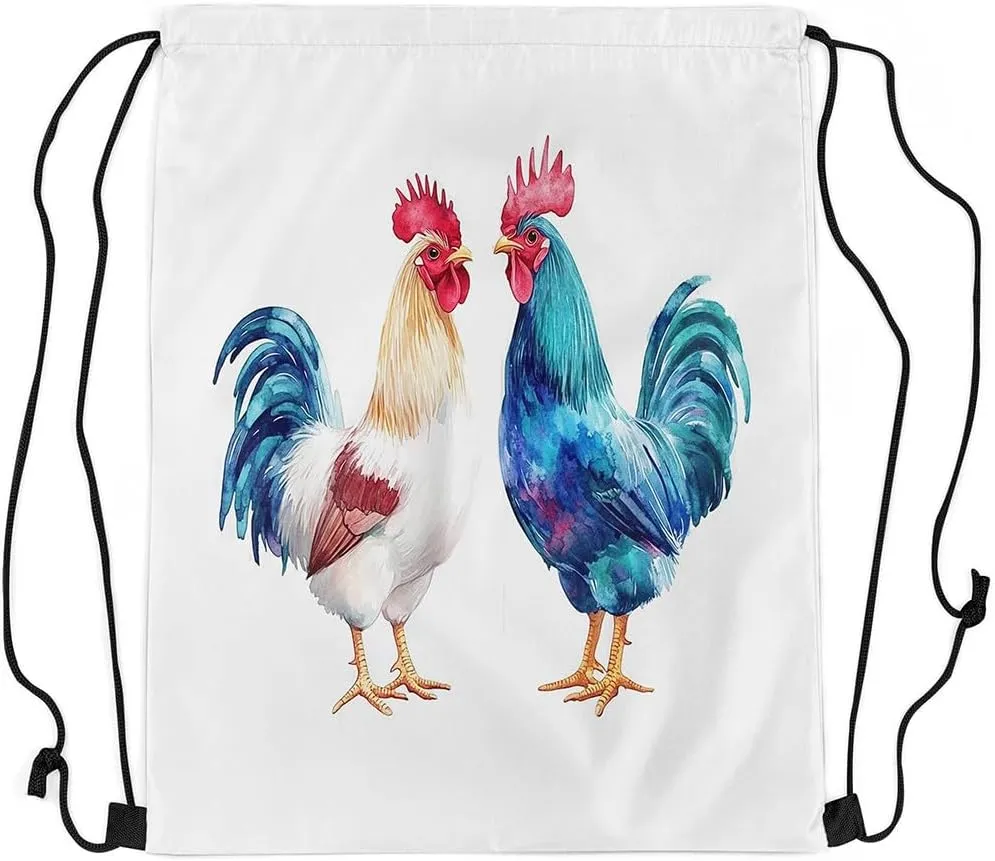 Manfei Watercolor Rooster Drawstring Backpack Rustic Animal Chicken String Bag Shoulder Bags Cute Farm Livestock Drawstring Bags for Picnic Gym Sport Travel