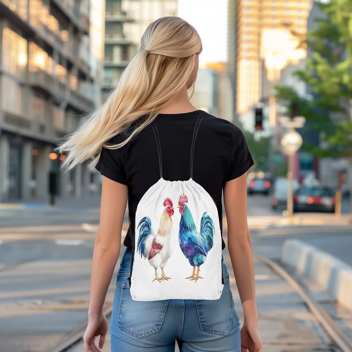 Manfei Watercolor Rooster Drawstring Backpack Rustic Animal Chicken String Bag Shoulder Bags Cute Farm Livestock Drawstring Bags for Picnic Gym Sport Travel