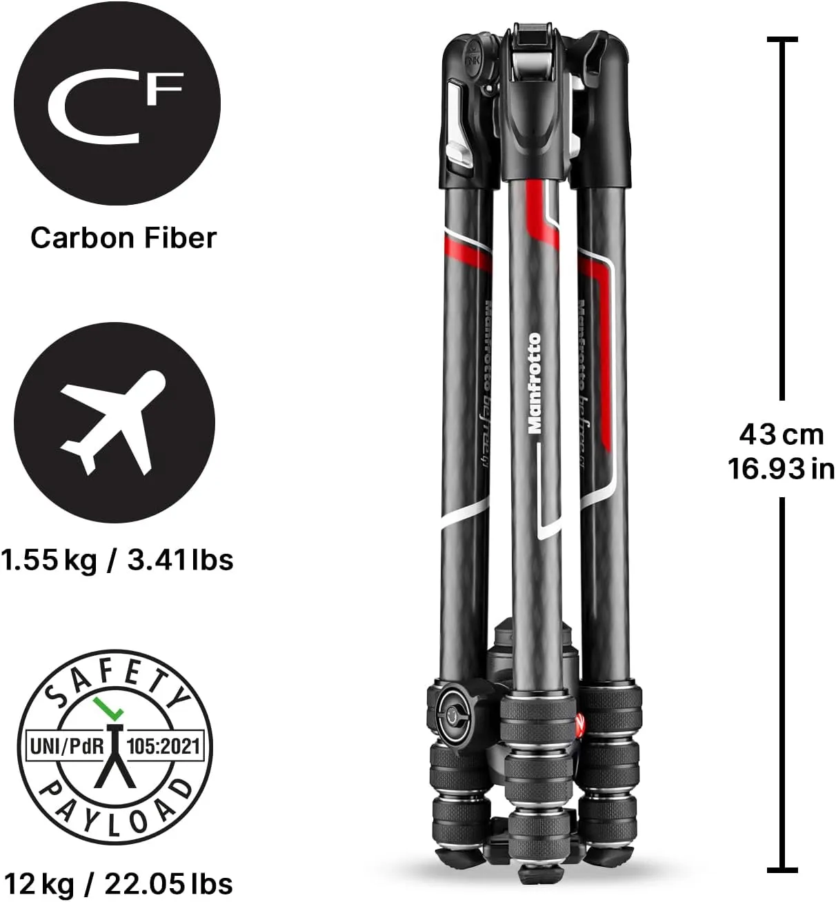 Manfrotto Befree GT 4-Section Carbon Fiber Travel Tripod with 496 Center Ball Head, Twist Lock, Black