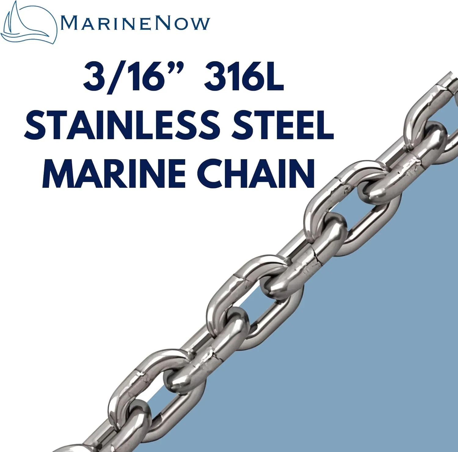 MarineNow High-Test 3/16” 316L Stainless Steel Marine Chain (Choose Length)