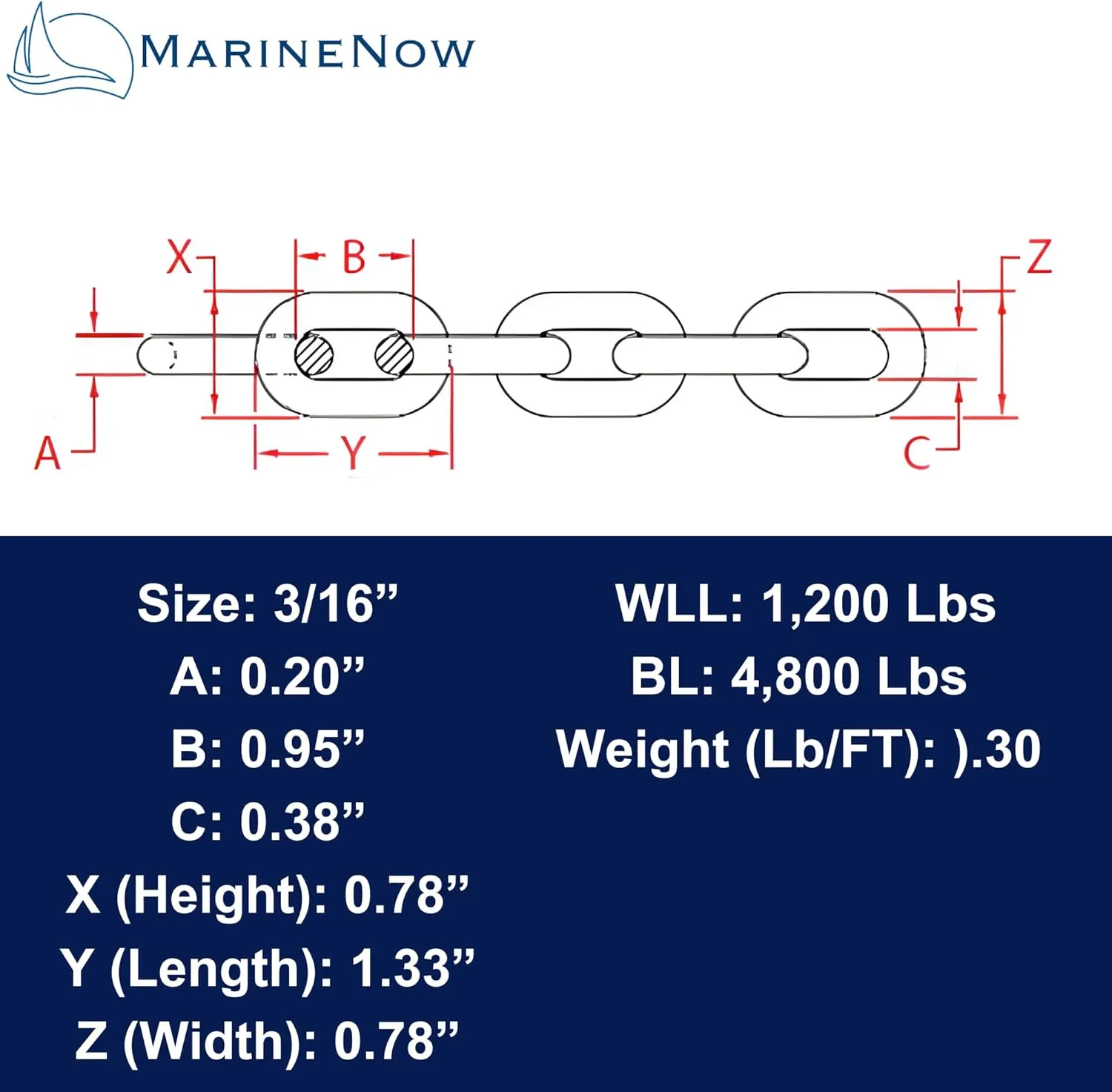 MarineNow High-Test 3/16” 316L Stainless Steel Marine Chain (Choose Length)