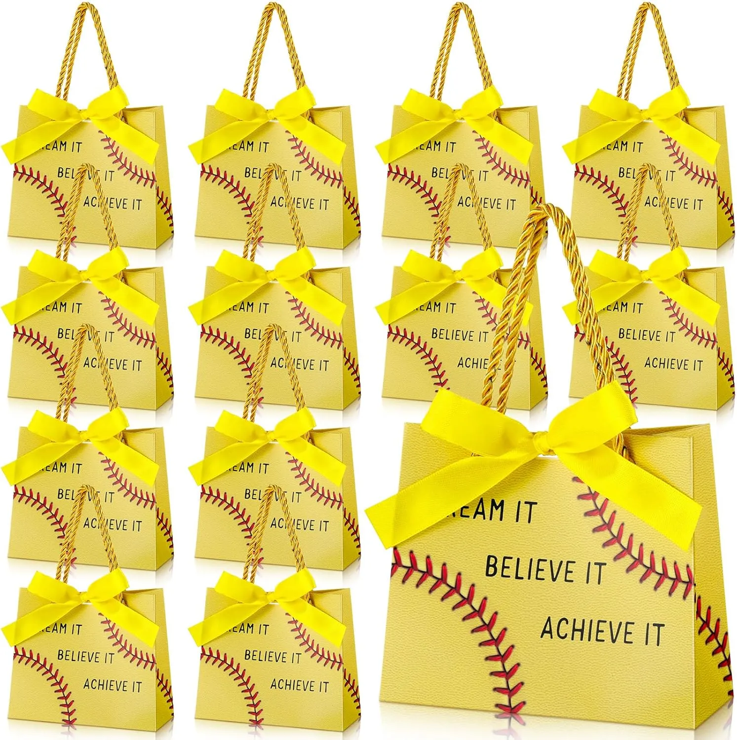 Marspark 20 Pcs Softball Party Favors Gift Bags Softball Goodie Bags with Handles and Ribbon Paper Treat Print Theme Decoration Handbag for Baby Shower Birthday Snack Supplies Team Sports Party