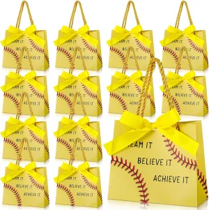 Marspark 20 Pcs Softball Party Favors Gift Bags Softball Goodie Bags with Handles and Ribbon Paper Treat Print Theme Decoration Handbag for Baby Shower Birthday Snack Supplies Team Sports Party
