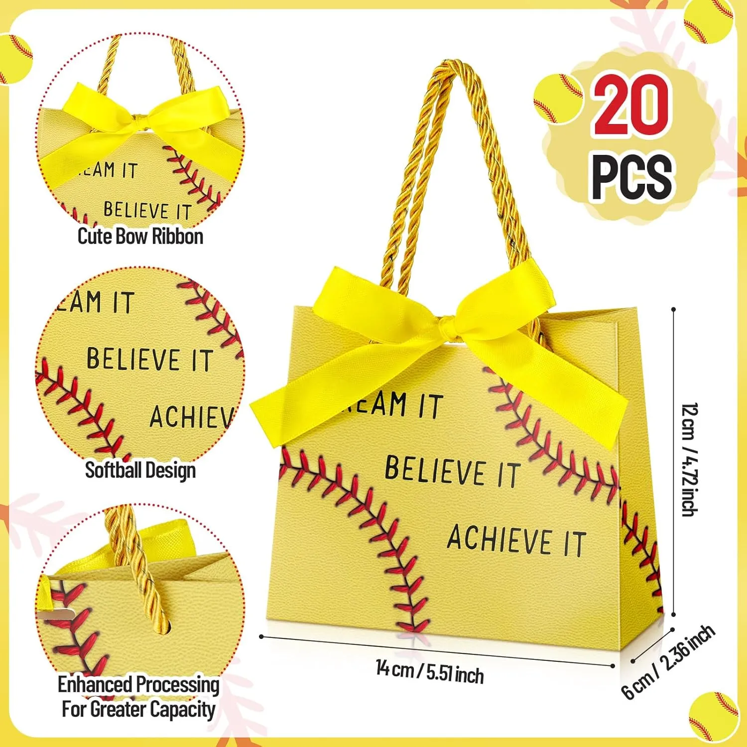 Marspark 20 Pcs Softball Party Favors Gift Bags Softball Goodie Bags with Handles and Ribbon Paper Treat Print Theme Decoration Handbag for Baby Shower Birthday Snack Supplies Team Sports Party