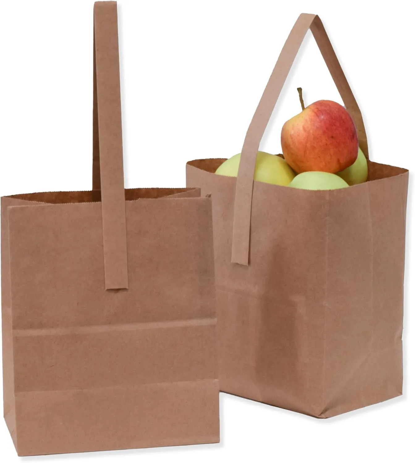 Medium 8 x 6.75 x 4.25 Inch Kraft Paper Bags with Paper Handles - Half Peck Apple/Produce Bag (25)