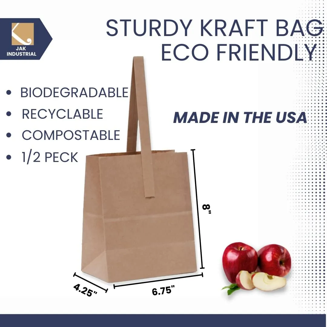 Medium 8 x 6.75 x 4.25 Inch Kraft Paper Bags with Paper Handles - Half Peck Apple/Produce Bag (25)