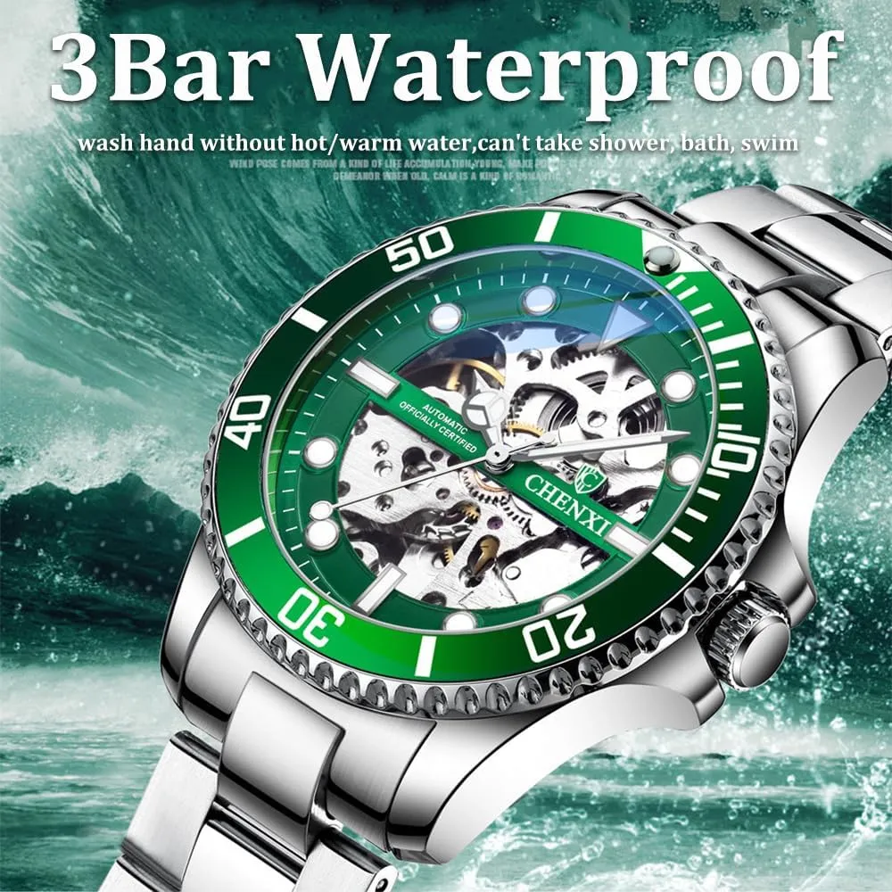 Men Mechanical Watches Automatic Self-Wind Clock Hollow Out Skeelton Dial Design Wristwatches Waterproof Luminous