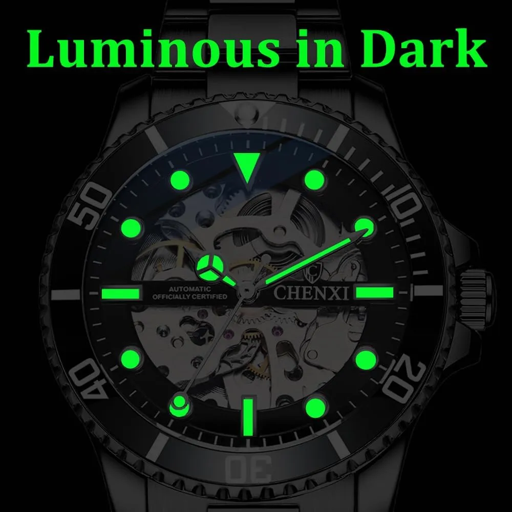 Men Mechanical Watches Automatic Self-Wind Clock Hollow Out Skeelton Dial Design Wristwatches Waterproof Luminous