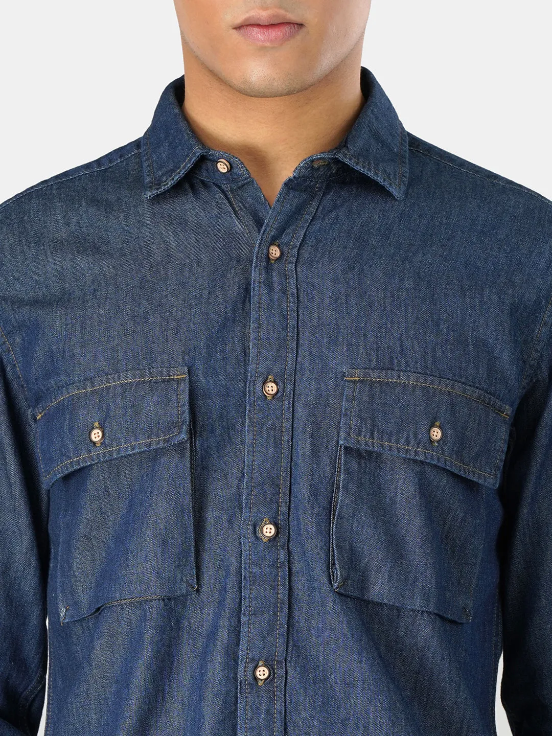 Men Navy Solid Regular Fit Denim Casual Shirt