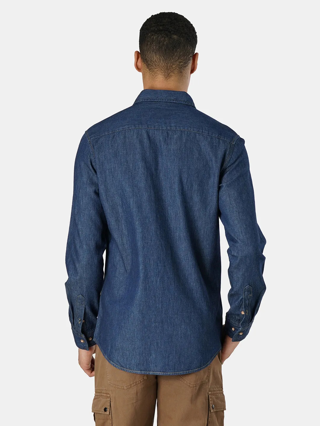 Men Navy Solid Regular Fit Denim Casual Shirt