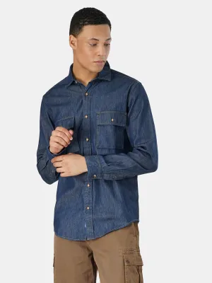 Men Navy Solid Regular Fit Denim Casual Shirt