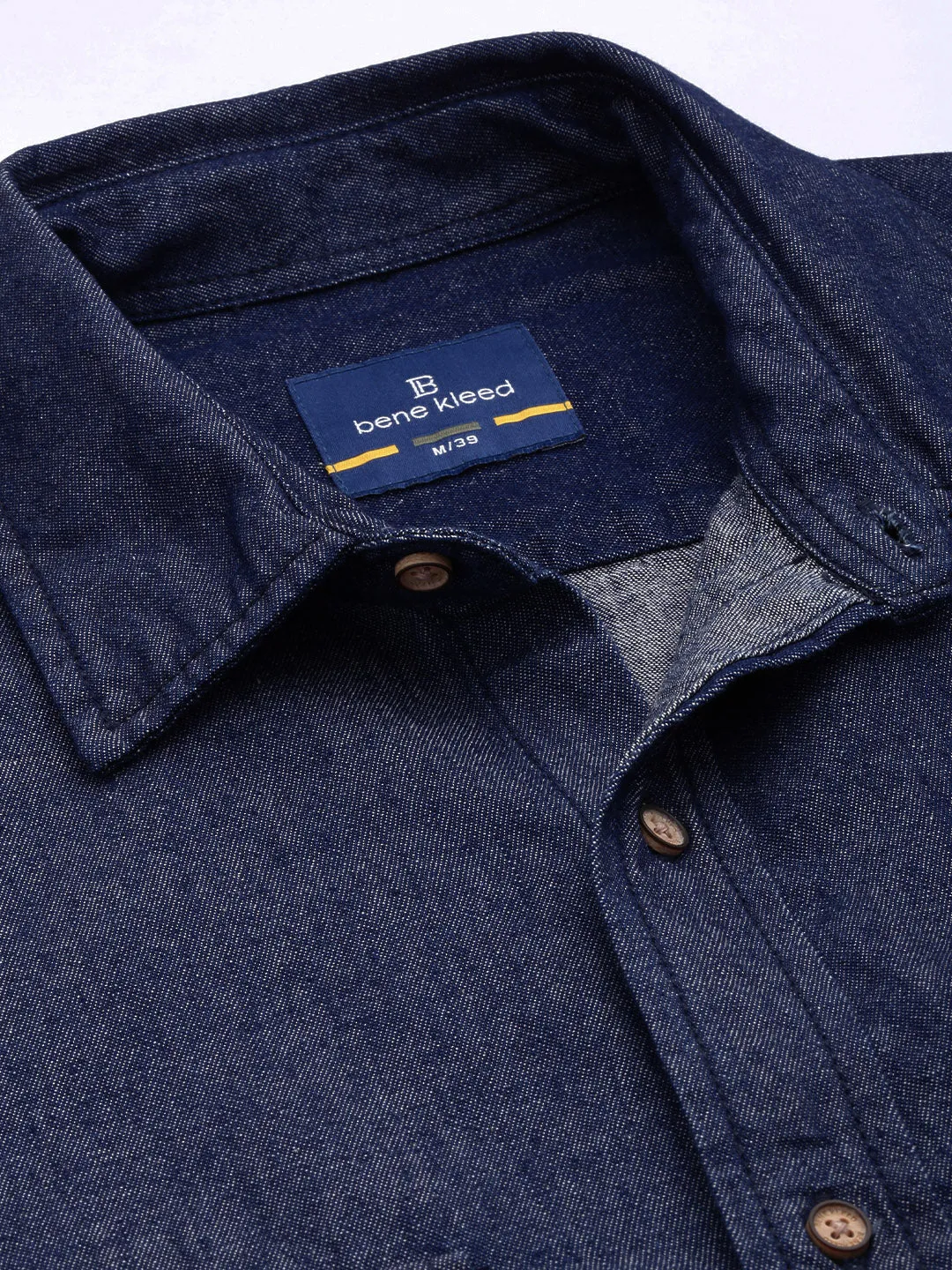 Men Navy Solid Regular Fit Denim Casual Shirt
