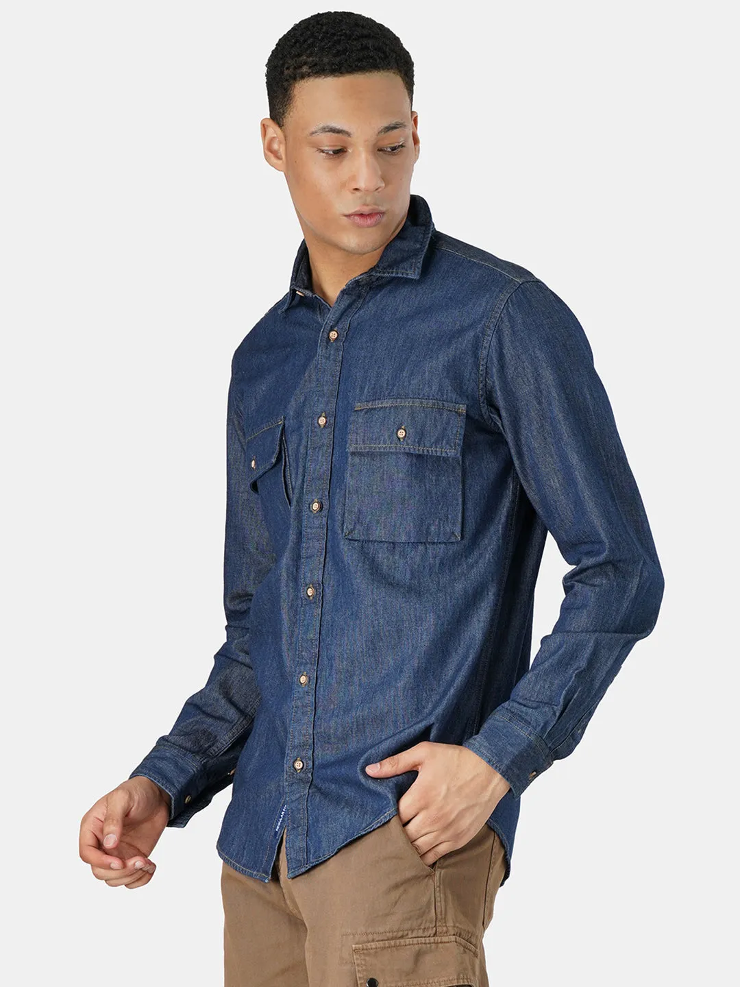 Men Navy Solid Regular Fit Denim Casual Shirt