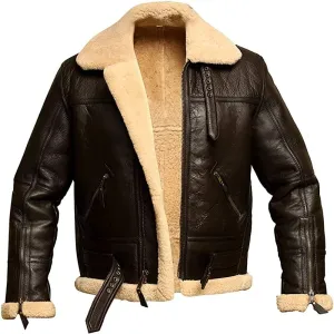 Men RAF Aviator Bomber Real Shearling Sheepskin Leather Jacket