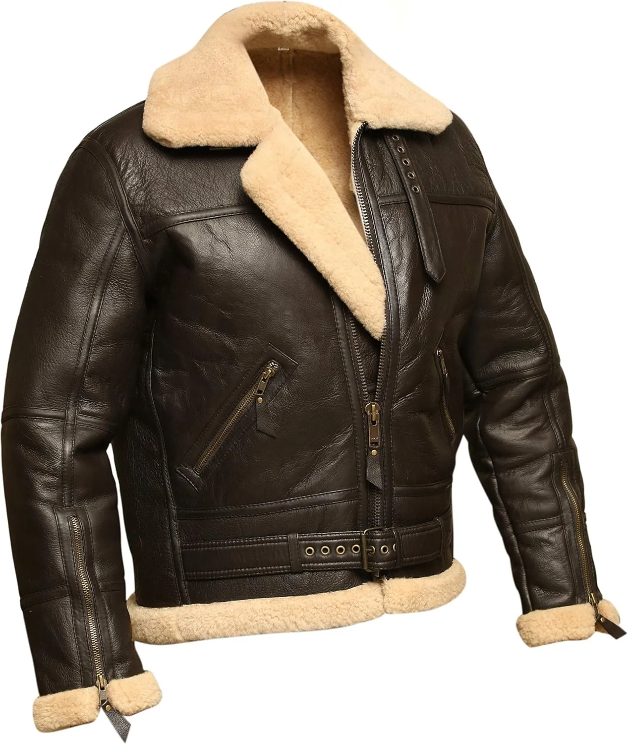 Men RAF Aviator Bomber Real Shearling Sheepskin Leather Jacket