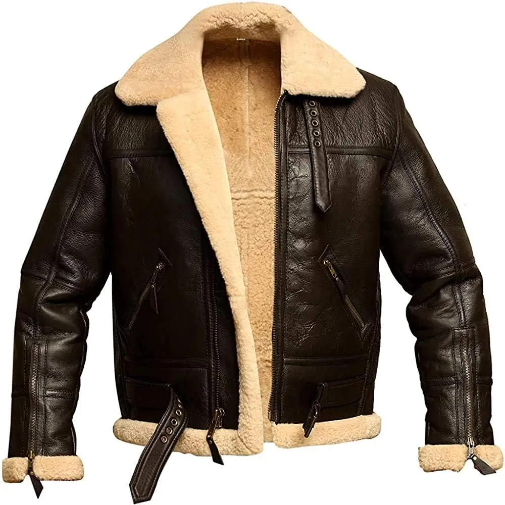 Men RAF Aviator Bomber Real Shearling Sheepskin Leather Jacket