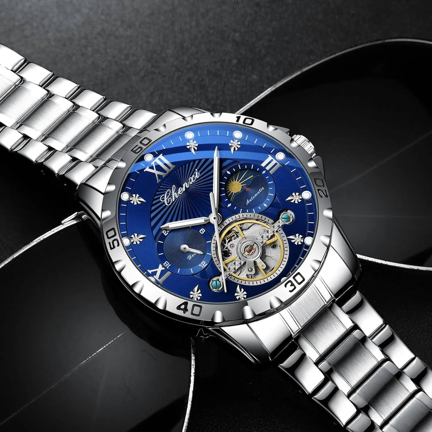 Men' s Watches Fashion Automatic Self- Winding Mechanical Watch for Man Sapphire Mirror Moon Phase
