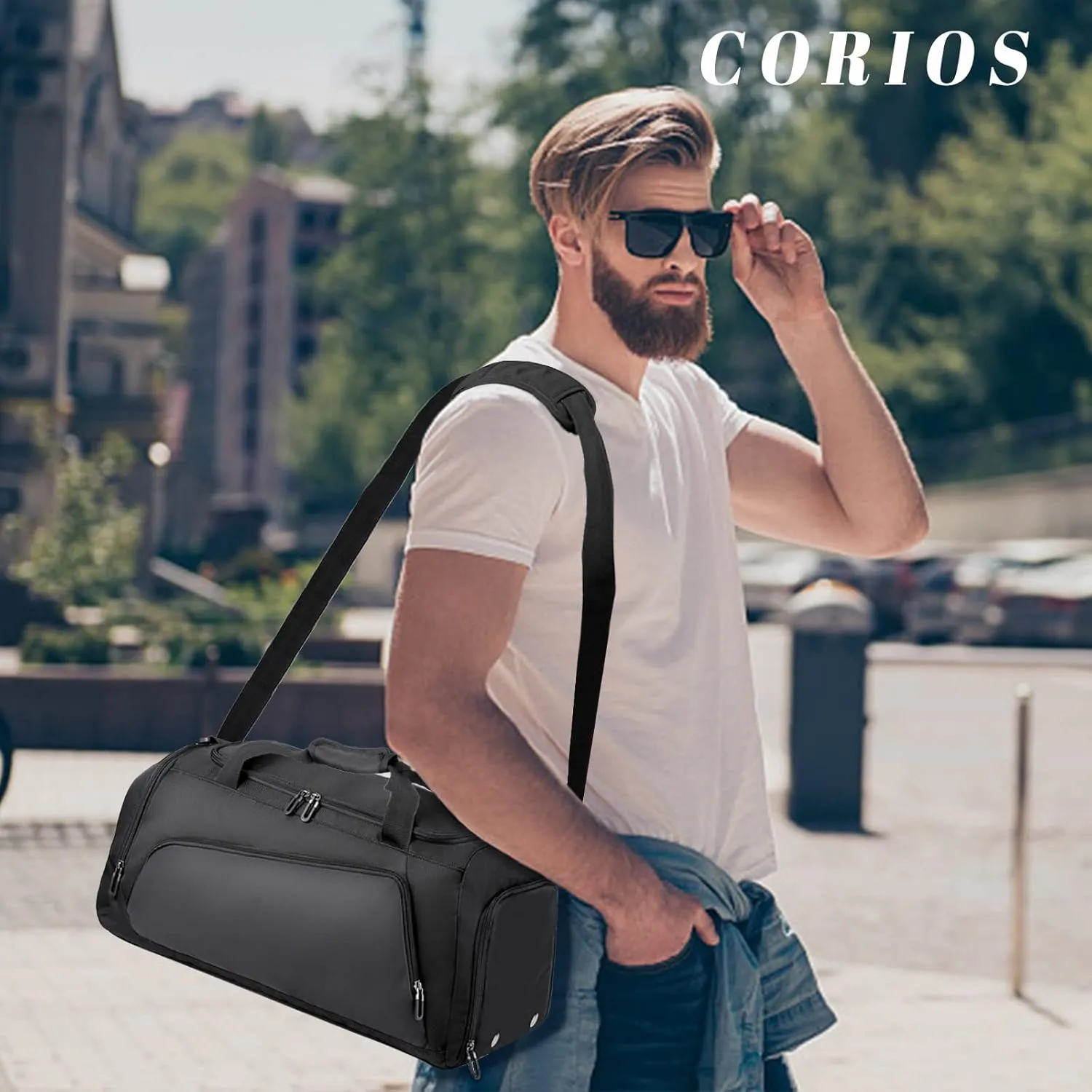 Men Travel Duffel Bag Oxford Sport Duffel Bag Large Gym Tote Bag Lightweight Weekend Shoulder Bag for Women Overnight Bag with Shoes Compartment and Wet Pocket Carry On Luggage Black