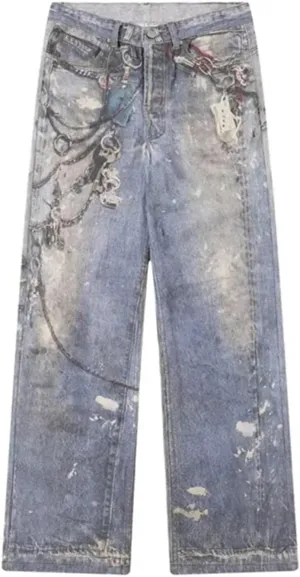 Men's 3D Chain Printed Baggy Jeans for Men and Women Casual Baggy Straight Denim Pants High Street Wide-Leg Jean