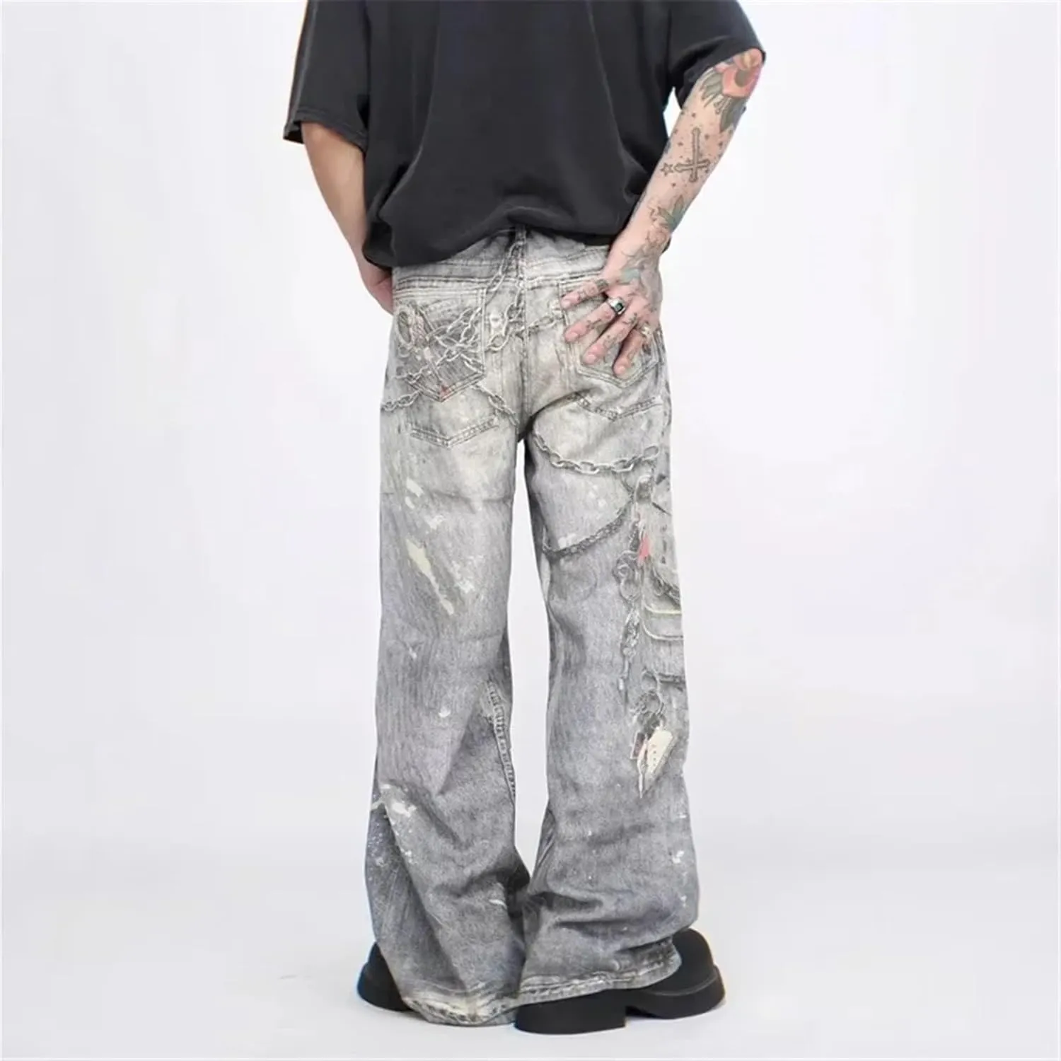 Men's 3D Chain Printed Baggy Jeans for Men and Women Casual Baggy Straight Denim Pants High Street Wide-Leg Jean