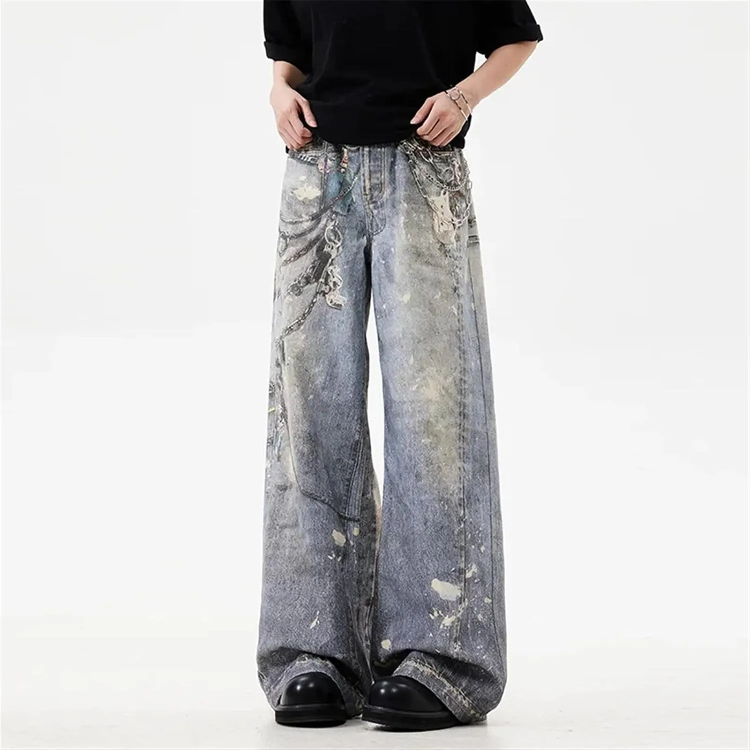 Men's 3D Chain Printed Baggy Jeans for Men and Women Casual Baggy Straight Denim Pants High Street Wide-Leg Jean