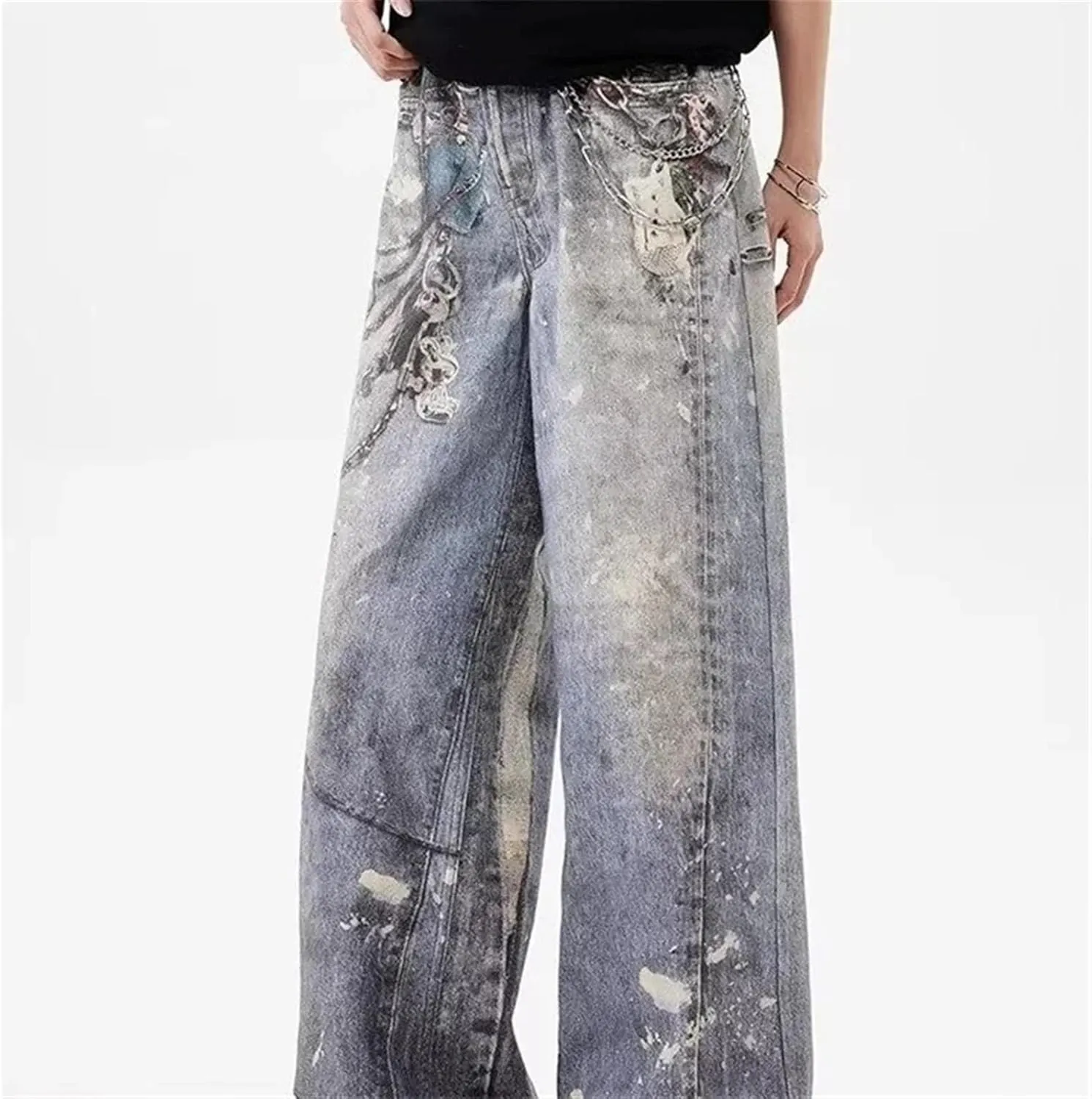 Men's 3D Chain Printed Baggy Jeans for Men and Women Casual Baggy Straight Denim Pants High Street Wide-Leg Jean