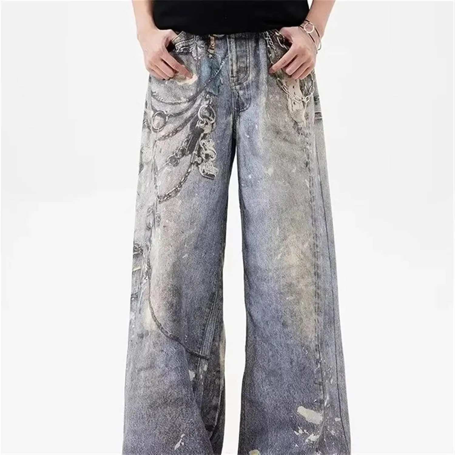 Men's 3D Chain Printed Baggy Jeans for Men and Women Casual Baggy Straight Denim Pants High Street Wide-Leg Jean