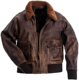 Men's A2 Jacket Flight Pilot Aviator USAAF Air Force Distressed Brown Bomber Leather Jacket