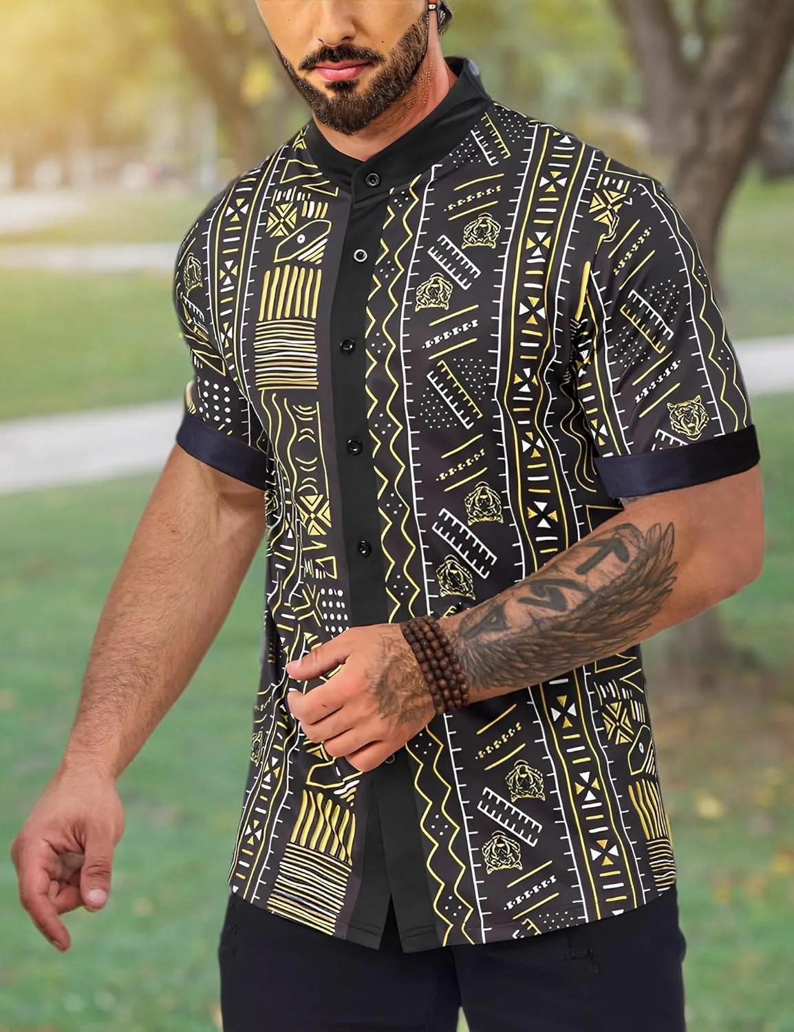 Men's African Traditional Pattern Print Shirt Casual Short Sleeve Button Down Shirts Luxury Printed Dashiki for Men
