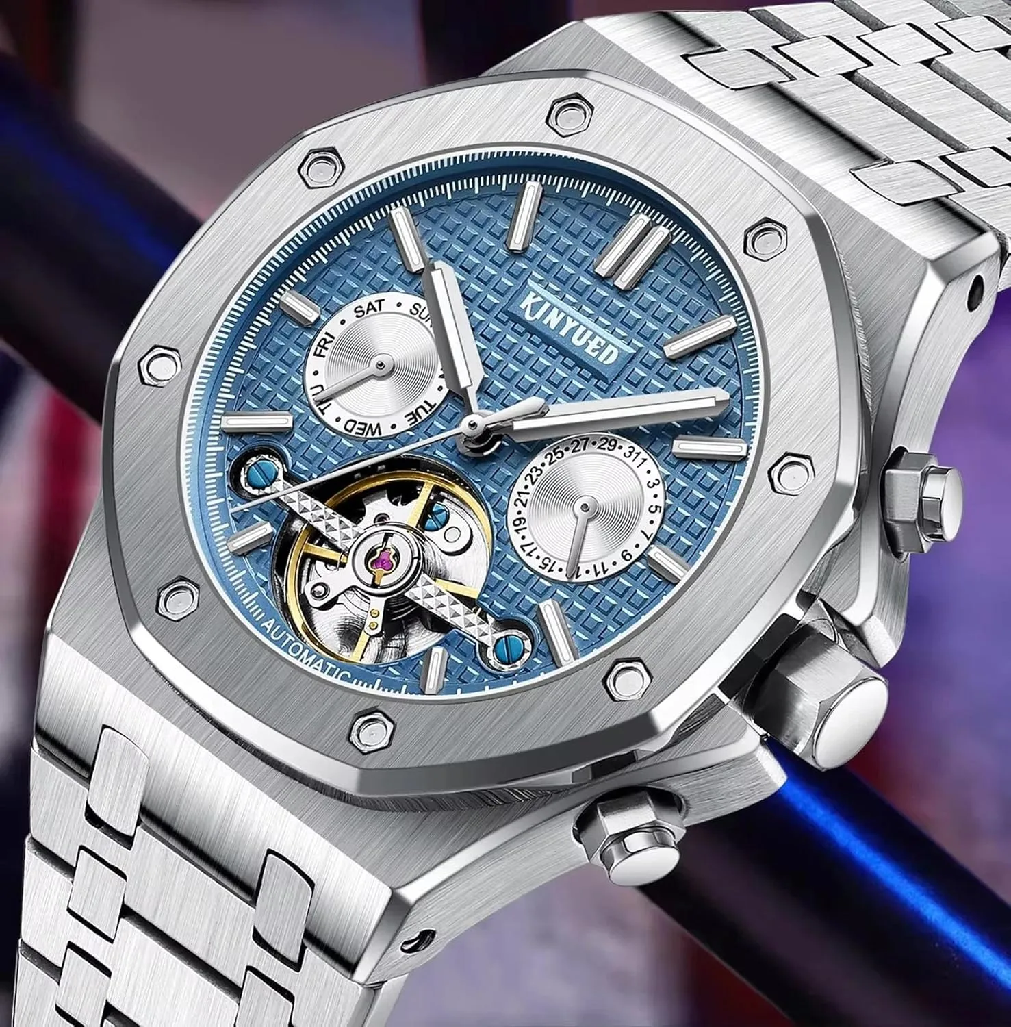Mens Automatic Mechanical Watch Fashion Tourbillon Date Display Stainless Steel Strap Business Watches Male Gifts Timepiece
