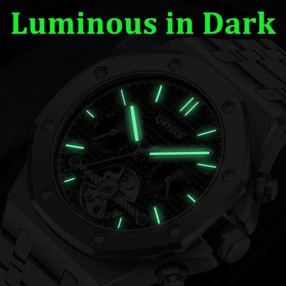 Mens Automatic Mechanical Watch Fashion Tourbillon Date Display Stainless Steel Strap Business Watches Male Gifts Timepiece