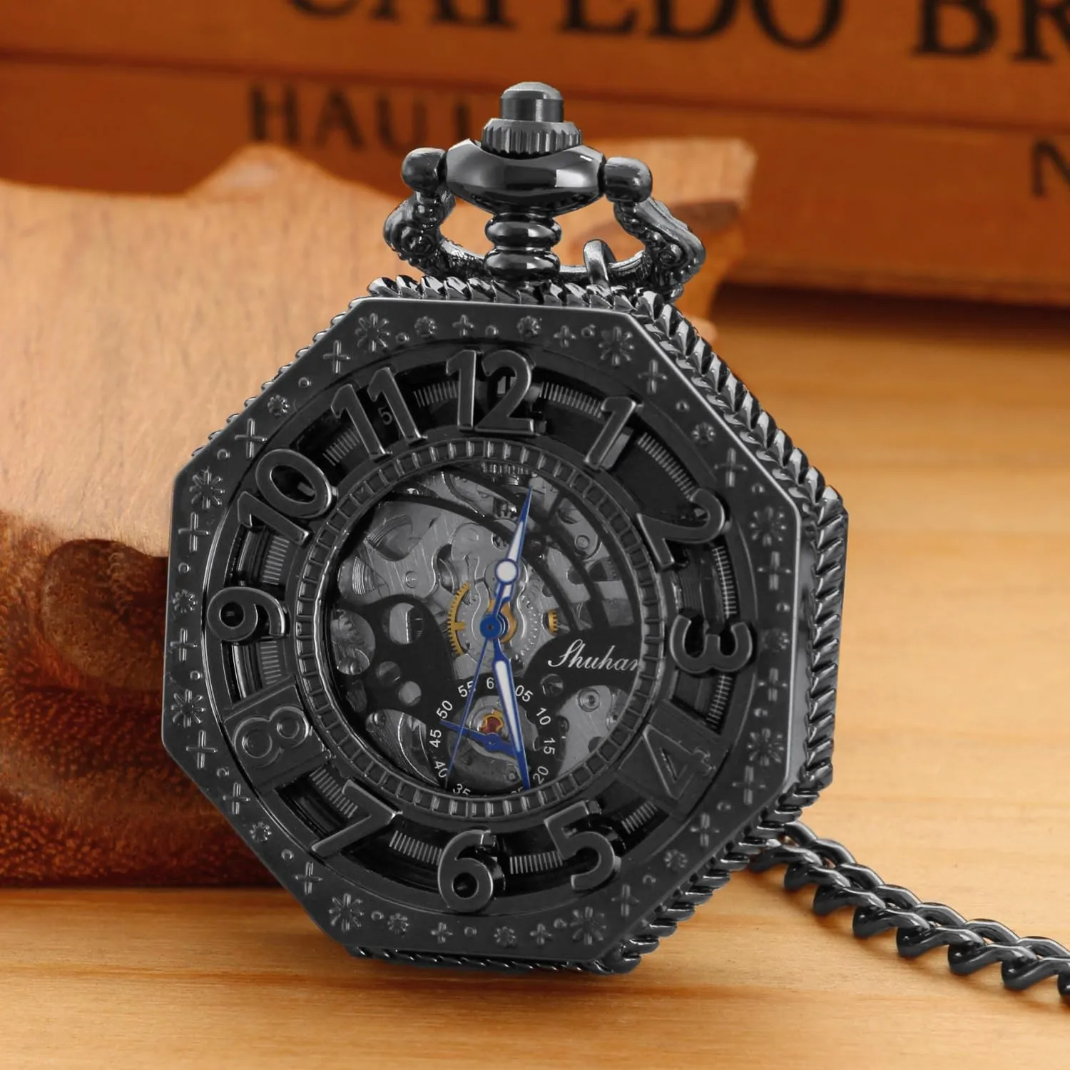 Men's Black Arabic Numerals Mechanical Pocket Watch with Chain,Mechanical Pocket Watches for Men