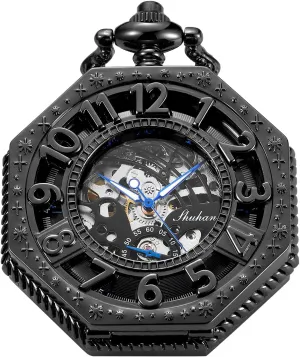 Men's Black Arabic Numerals Mechanical Pocket Watch with Chain,Mechanical Pocket Watches for Men