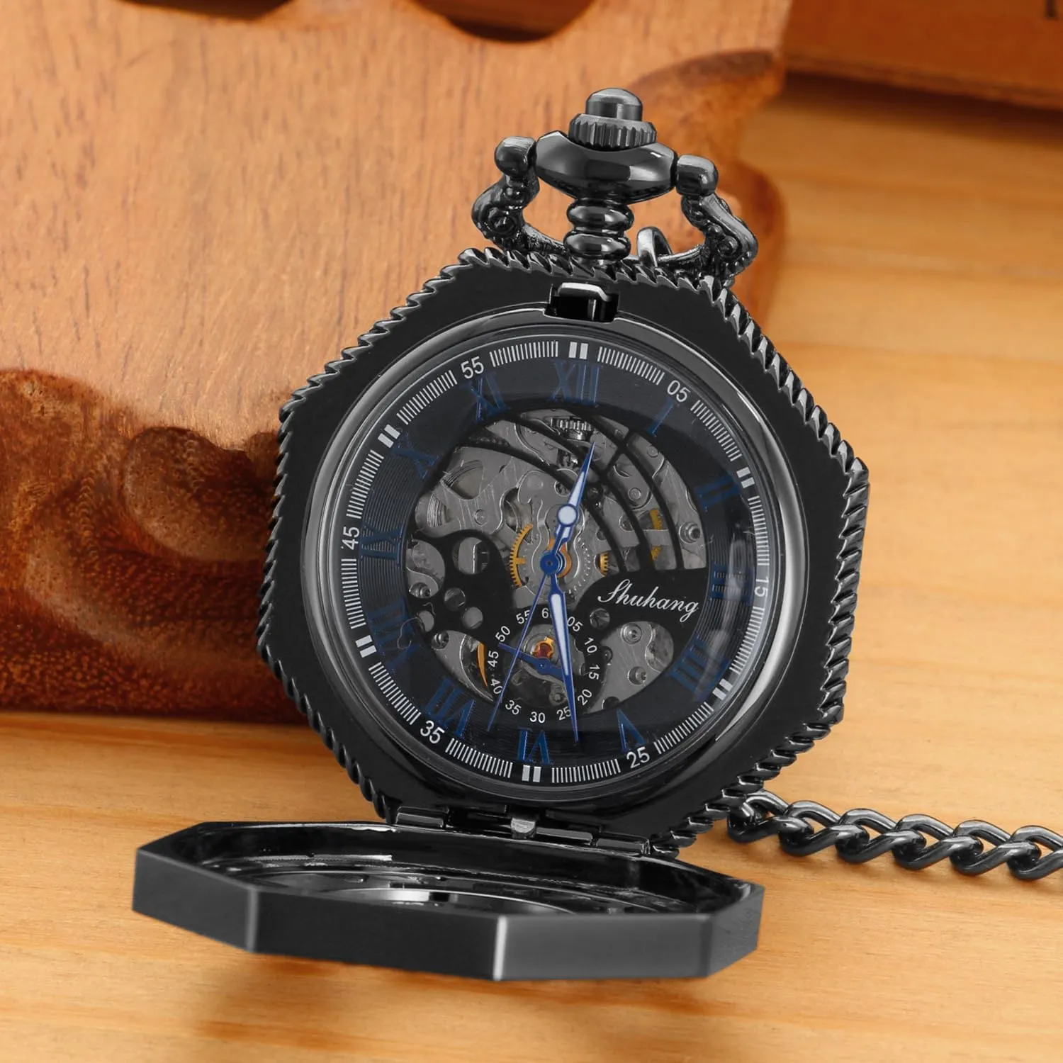 Men's Black Arabic Numerals Mechanical Pocket Watch with Chain,Mechanical Pocket Watches for Men