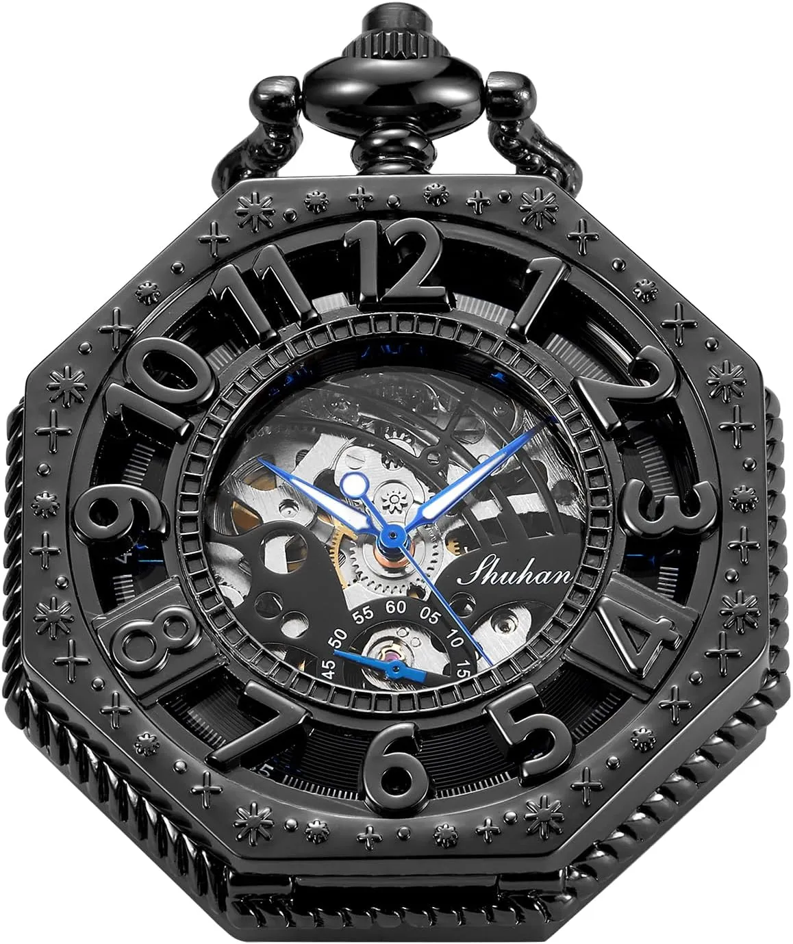Men's Black Arabic Numerals Mechanical Pocket Watch with Chain,Mechanical Pocket Watches for Men
