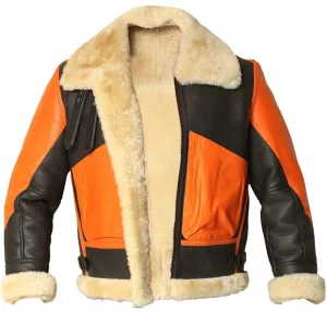 Mens Brown Orange Faux Fur Bomber With Collar Aviator Jacket