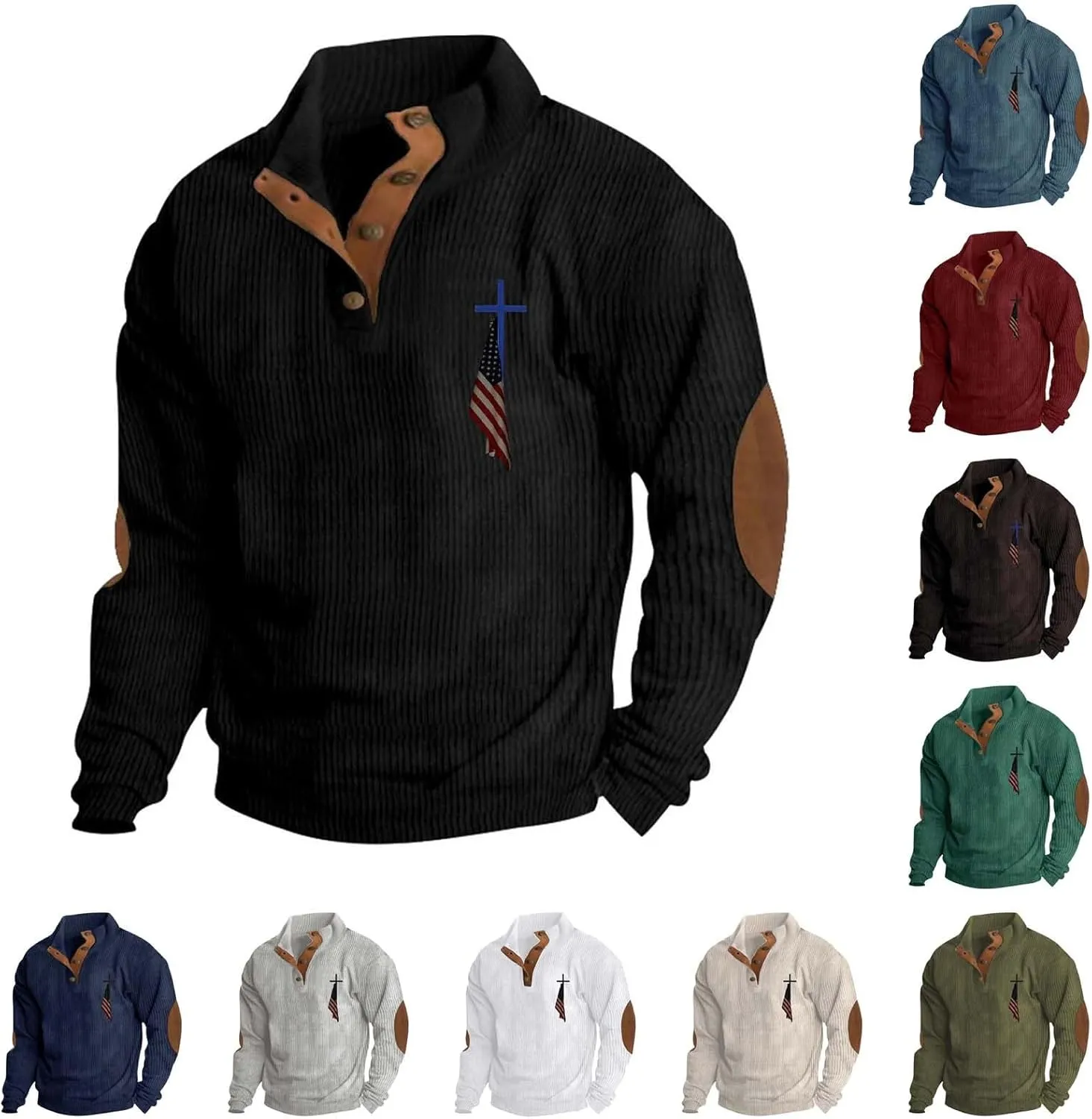 Men's Corduroy Sweatshirt Casual Long Sleeve Stand Collar Button Pullover Sweatshirts Print Thick Shirts with Pockets