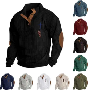 Men's Corduroy Sweatshirt Casual Long Sleeve Stand Collar Button Pullover Sweatshirts Print Thick Shirts with Pockets
