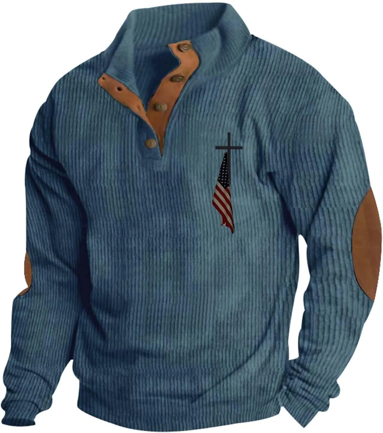 Men's Corduroy Sweatshirt Casual Long Sleeve Stand Collar Button Pullover Sweatshirts Print Thick Shirts with Pockets